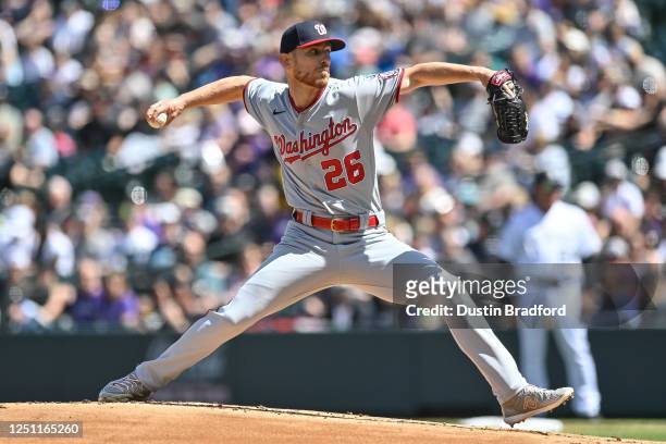 Chad Kuhl of the Washington Nationals pitches in the first inning of a game against the Colorado Rockies at Coors Field on April 9, 2023 in Denver,...