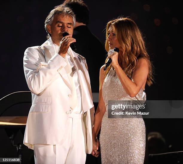 Andrea Bocelli and Celine Dion perform at the Central Park, Great Lawn on September 15, 2011 in New York City.