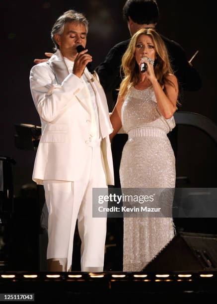 Andrea Bocelli and Celine Dion perform at the Central Park, Great Lawn on September 15, 2011 in New York City.