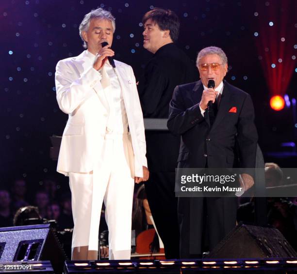 Andrea Bocelli and Tony Bennett perform at the Central Park, Great Lawn on September 15, 2011 in New York City.