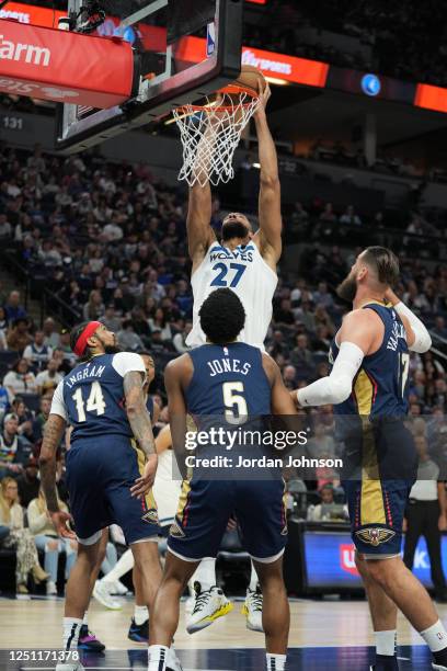 Rudy Gobert of the Minnesota Timberwolves dunks the ball during the game against the New Orleans Pelicans on April 9, 2023 at Target Center in...