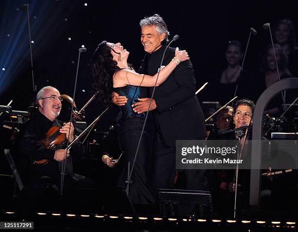 Ana Maria Martinez and Andrea Bocelli perform at the Central Park, Great Lawn on September 15, 2011 in New York City.