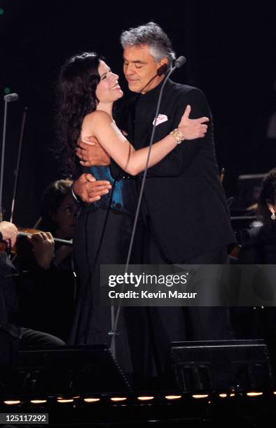 Ana Maria Martinez and Andrea Bocelli perform at the Central Park, Great Lawn on September 15, 2011 in New York City.