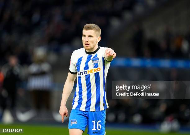Jonjoe Kenny of Hertha BSC looks on during the Bundesliga match between Hertha BSC and RB Leipzig at Olympiastadion on April 8, 2023 in Berlin,...