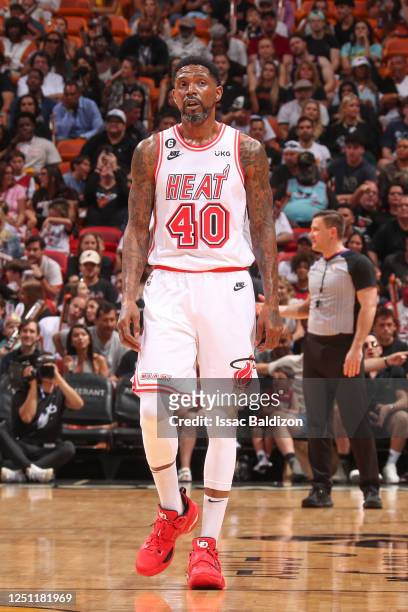 Udonis Haslem of the Miami Heat looks on during the game on April 9, 2023 at FTX Arena in Miami, Florida. NOTE TO USER: User expressly acknowledges...