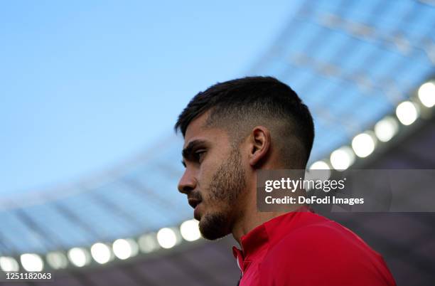 André Silva of RB Leipzig looks on during the Bundesliga match between Hertha BSC and RB Leipzig at Olympiastadion on April 8, 2023 in Berlin,...