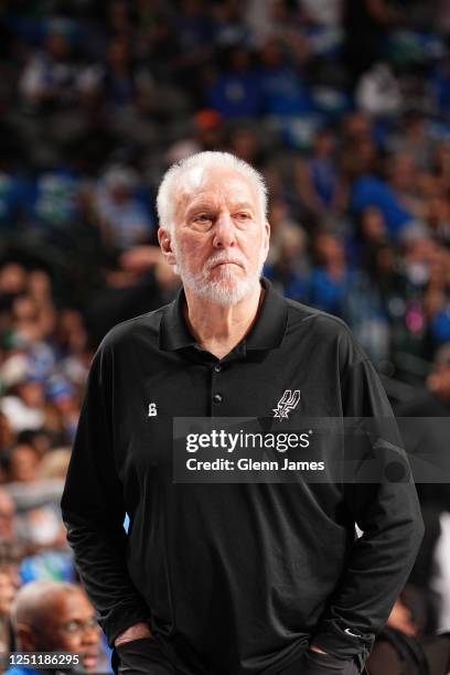 Head Coach Gregg Popovich of the San Antonio Spurs looks on during the game against the Dallas Mavericks on April 9, 2023 at the American Airlines...