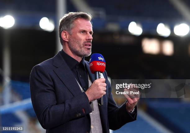 Jamie Carragher speaks for Sky Sports after the Premier League match between Everton FC and Liverpool FC at Goodison Park on June 21, 2020 in...