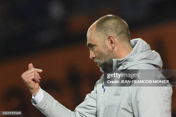 Marseille's Croatian head coach Igor Tudor gestures during the French L1 football match between FC Lorient and Olympique de Marseille at Stade du...