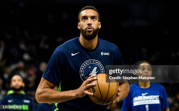 Rudy Gobert of the Minnesota Timberwolves warms up before the game against the New Orleans Pelicans at Target Center on April 9, 2023 in Minneapolis,...