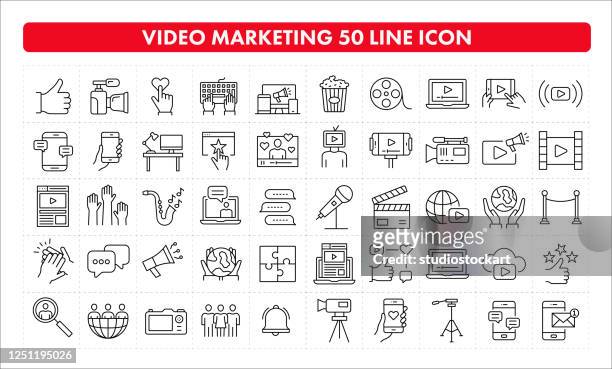illustrazioni stock, clip art, cartoni animati e icone di tendenza di icona della linea video marketing 50 - mass media