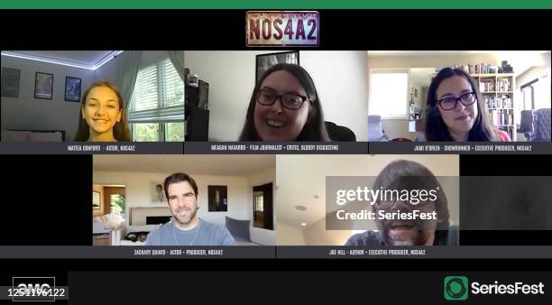 In this screengrab, Clockwise: Panelists of "NOS4A2" Q&A event, actor Mattea Conforti, moderator Meagan Navarro, showrunner/executive producer Jami...