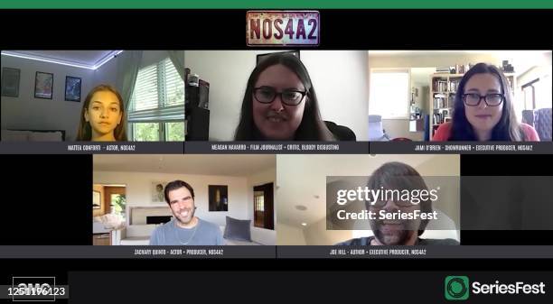 In this screengrab, Clockwise: Panelists of "NOS4A2" Q&A event, actor Mattea Conforti, moderator Meagan Navarro, showrunner/executive producer Jami...