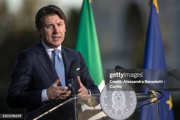 Italy's Prime Minister Giuseppe Conte holds a press conference at Casina del Bel Respiro, Villa Pamphilj, following the closing sessions of the...