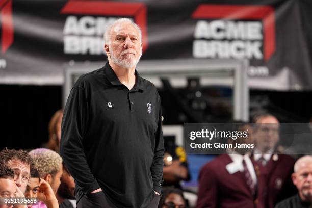 Head Coach Gregg Popovich of the San Antonio Spurs looks on during the game against the Dallas Mavericks on April 9, 2023 at the American Airlines...