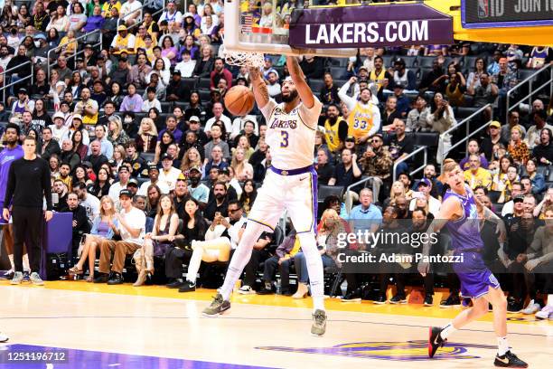 Anthony Davis of the Los Angeles Lakers drives to the basket against the Utah Jazz on April 9, 2023 at Crypto.Com Arena in Los Angeles, California....