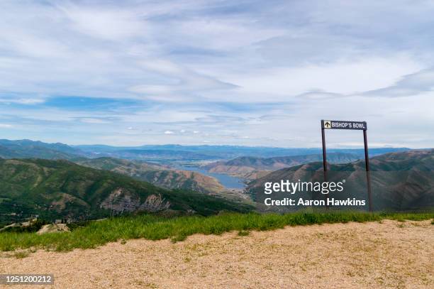 view of deer creek reservoir and heber valley from the top of sundance ski resort - sundance resort stock pictures, royalty-free photos & images