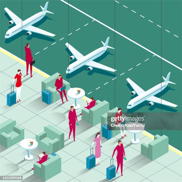 vektor gezeichnet e-ecke des flughafens, geschäftsreisende in flughafen-lounge. - airport isometric stock-grafiken, -clipart, -cartoons und -symbole