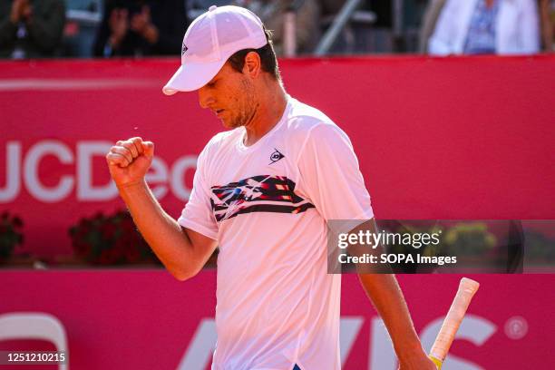 Miomir Kecmanovic of Serbia plays against Casper Ruud of Norway during the Final of the Millennium Estoril Open tournament at CTE- Clube de Ténis do...