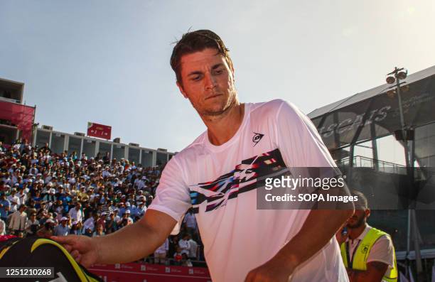Miomir Kecmanovic of Serbia plays against Casper Ruud of Norway during the Final of the Millennium Estoril Open tournament at CTE- Clube de Ténis do...