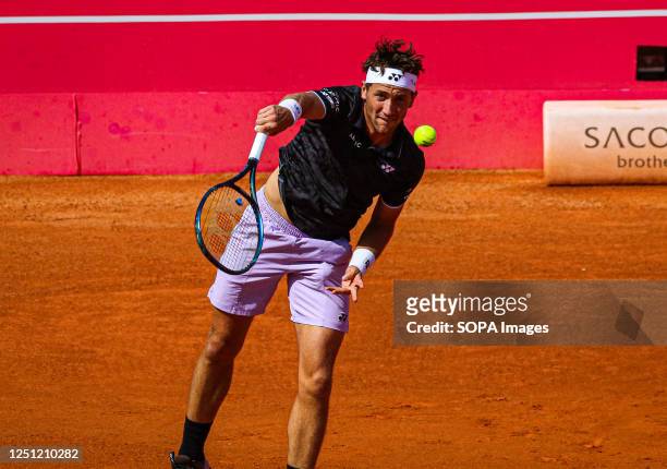 Casper Ruud of Norway plays against Miomir Kecmanovic of Serbia during the Final of the Millennium Estoril Open tournament at CTE- Clube de Ténis do...