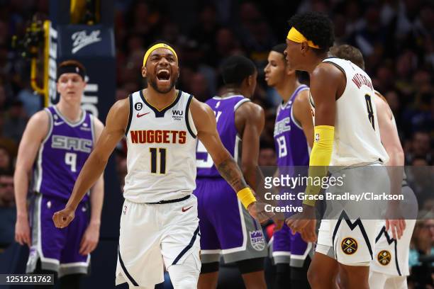 Bruce Brown of the Denver Nuggets reacts to a play against the Sacramento Kings during the first half of the game at Ball Arena on April 9, 2023 in...