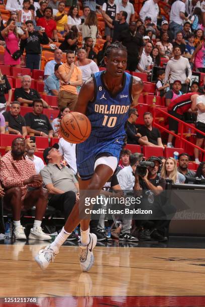 Bol Bol of the Orlando Magic goes to the basket during the game on April 9, 2023 at FTX Arena in Miami, Florida. NOTE TO USER: User expressly...