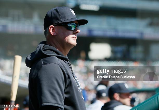 Manager A.J. Hinch of the Detroit Tigers watches from the dugout during the eighth inning of the game at Comerica Park on April 9 in Detroit,...