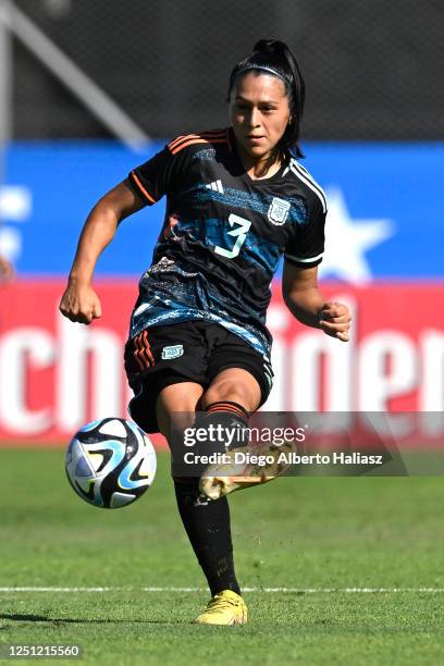 Eliana Stabile of Argentina kicks the ball during an international friendly match between Argentina and Venezuela at Estadio Carlos Augusto Mercado...