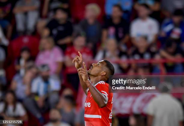 Salomon Rondon of River Plate celebrates after scoring the team´s first goal during a Liga Profesional 2023 match between Huracan and River Plate at...