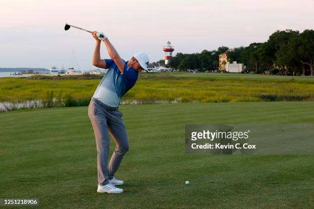 Daniel Berger of the United States plays his shot from the 18th tee during the final round of the RBC Heritage on June 21, 2020 at Harbour Town Golf...
