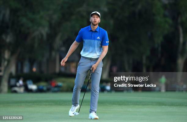 Daniel Berger of the United States reacts on the 18th green during the final round of the RBC Heritage on June 21, 2020 at Harbour Town Golf Links in...
