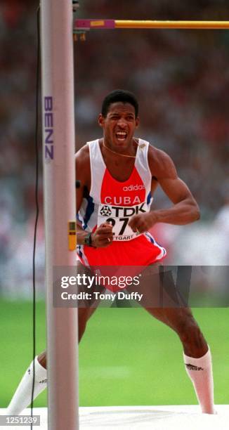 Javier Sotomayor wins the high-jump with a leap of 2.40m at the World Athletics Championships in Stuttgart. Mandatory Credit: Tony Duffy/ALLSPORT