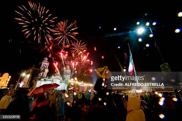 Fireworks burst above Zocalo Square on September 15, 2011 in Mexico City during celebrations marking the 201st anniversary of Mexico's Independence...