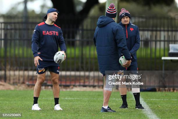 James Tedesco, Boyd Cordner and Josh Morris speak during a Sydney Roosters NRL training session at Kippax Lake on June 22, 2020 in Sydney, Australia.