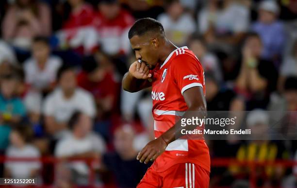 Salomon Rondon of River Plate celebrates after scoring the team´s second goal during a Liga Profesional 2023 match between Huracan and River Plate at...