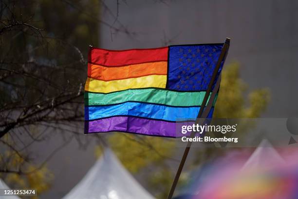 Rainbow pride flag during the Drag March LA protest in West Hollywood, California, US, on Sunday, April 9, 2023. The Los Angeles LGBT Center hosted...