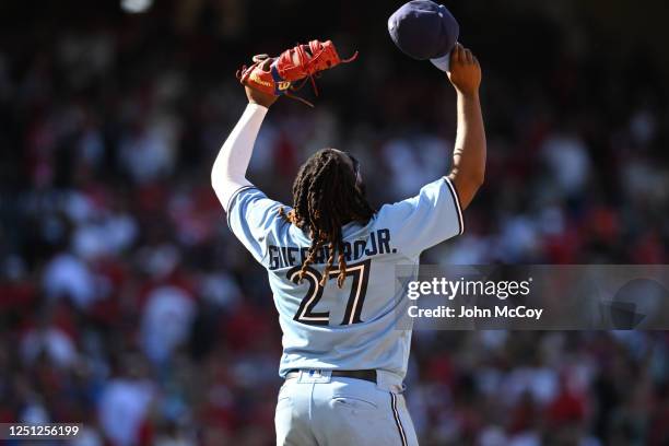 Vladimir Guerrero Jr. #27 of the Toronto Blue Jays celebrates a 12-11 win over the Los Angeles Angels in the 10 innings at Angel Stadium of Anaheim...