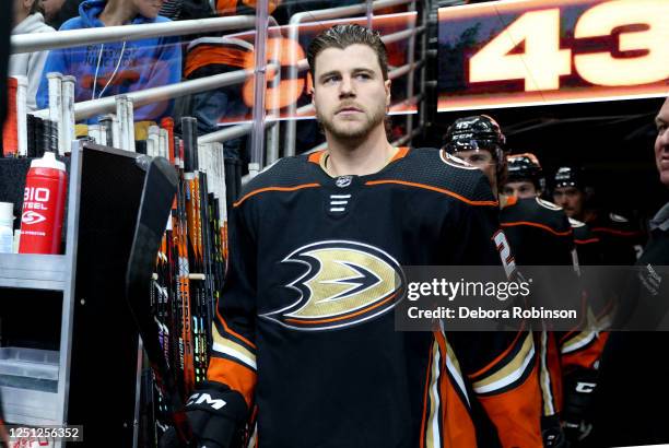 Nathan Beaulieu of the Anaheim Ducks walking out to ice for warm ups against the Colorado Avalanche at Honda Center on April 9, 2023 in Anaheim,...