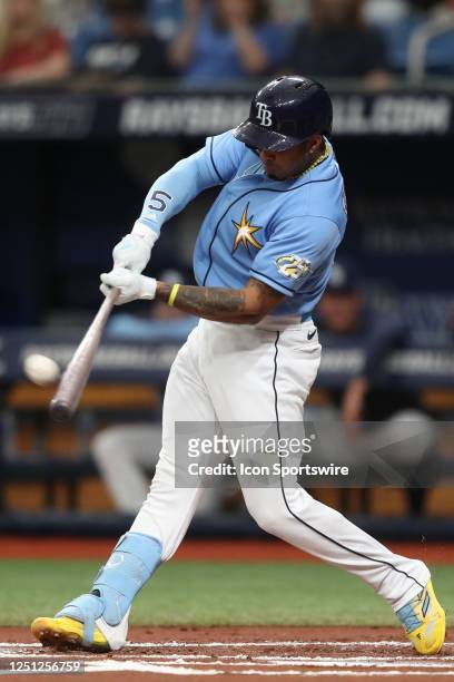 Tampa Bay Rays Shortstop Wander Franco hits this pitch over the fence for a first inning home run during the MLB regular season game between the...