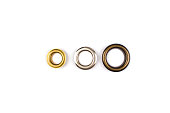 Three brass multicoloured metal eyelets or rivets - curtains rings for fastening fabric to the cornice, isolated on white with copyspace for text for your presentation