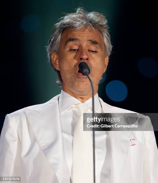 Singer Andrea Bocelli performs at the Central Park, Great Lawn on September 15, 2011 in New York City.