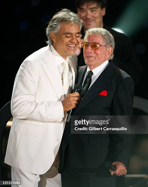 Singers Andrea Bocelli and Tony Bennett perform at the Central Park, Great Lawn on September 15, 2011 in New York City.