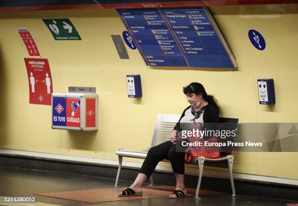 Passenger with a mask waits for the train at San Bernardo subway station on June 22, 2020 in Madrid, Spain. The Community of Madrid increases the...