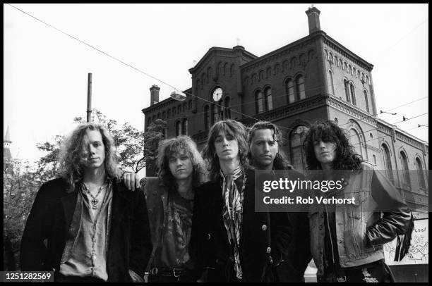 The Black Crowes, standing in front of Paradiso venue in Amsterdam, Netherlands, 5th June 1990. .