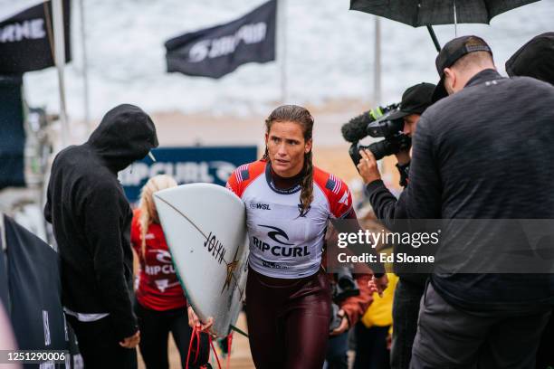 Courtney Conlogue of the United States after surfing in Heat 7 of the Round of 16 at the Rip Curl Pro Bells Beach on April 10, 2023 at Bells Beach,...