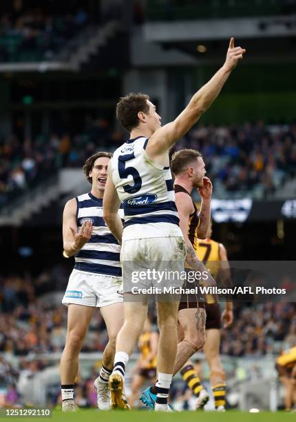 Jeremy Cameron of the Cats celebrates a goal during the 2023 AFL Round 04 match between the Geelong Cats and the Hawthorn Hawks at the Melbourne...