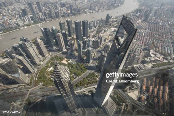 The view from the observation deck at Shanghai Tower in Shanghai, China, on Sunday, April 9, 2023. China's economic recovery is picking up steam...