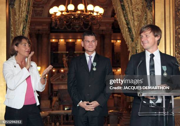 French musician Martin Solveig delivers a speech next to Antoine Baduel, head of the FG Dj radio, after receiving the order of "Arts et Lettres"...