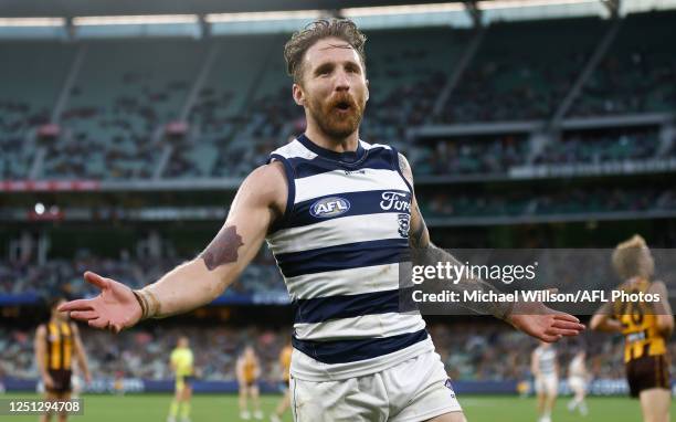 Zach Tuohy of the Cats celebrates during the 2023 AFL Round 04 match between the Geelong Cats and the Hawthorn Hawks at the Melbourne Cricket Ground...